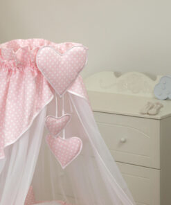 Baldachin din tul pentru patut bebe Bear Heart Roz 160 x 600 cm suport de prindere inclus