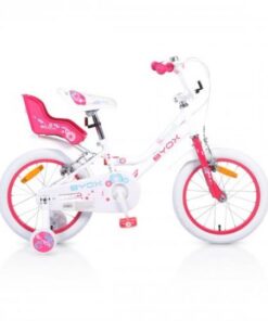 Bicicleta pentru fetite Byox cu roti ajutatoare si portbagaj papusi Princess White 16 inch