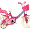 Bicicleta pentru fetite Disney Princess 16 inch, varsta 6-8 ani si inaltimea de 107-138 cm, frana de mana pe ambele roti, cosulet si scaunel pentru papusa, roti ajutatoare