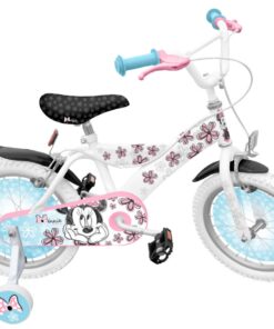Bicicleta pentru fetite Mash up Minnie 16 inch, varsta 5-7 ani, inaltime recomandata 104-110 cm, scaun ajustabil, roti ajutatoare, jante si spite din otel, pinion fix, frana de mana pe ambele roti