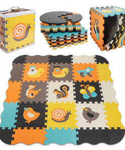 Covor tip puzzle pentru copii, Ikonka, din spuma EVA flexibila, cu 25 piese in husa cu fermoar, dimensiune 114 x 1 x 114 cm, Cute Animals