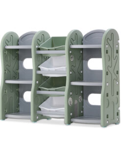 Raft organizator jucarii pentru copii Nichiduta Tree Green cu 4 cutii si 6 rafturi,robust cu margini rotunjite,ideal pentru acasa,crese si gradinite