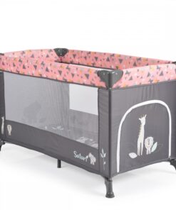 Patut pliabil pentru copii Moni Safari Pink 125x62x75 cm cu un nivel,Deschidere laterala cu fermoar,Saltea pliabila si geanta transport incluse,de la 0 luni pana la 15 kg