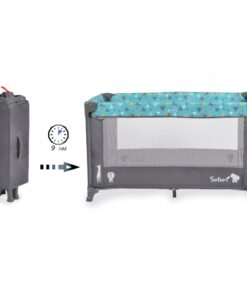 Patut pliabil pentru copii Moni Safari Turquoise 125x62x75 cm cu un nivel,Deschidere laterala cu fermoar,Saltea pliabila si geanta transport incluse,de la 0 luni pana la 15 kg