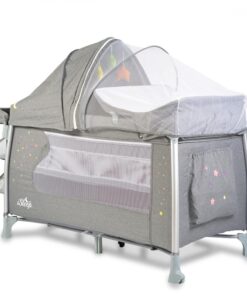 Patut pliabil Cangaroo ISleep Grey 120x60 cm cu 2 nivele,sistem de leganare,roti cu frane,Organizator cu 3 nivele,Saltea pliabila,Masuta de infasat,Bara jucarii,Inele,Geanta transport si Capotina cu plasa insecte incluse