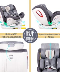 Scaun auto Platinum Deluxe i-Size Buf Boof cu isofix rotativ 360 grade Top Tether Sips 40-150 cm 0-36 kg Grey