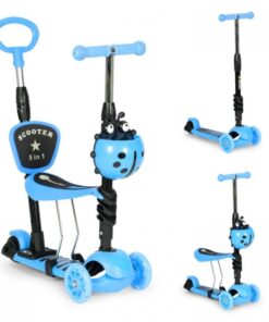 Trotineta 5 in 1 Ecotoys cu maner parental reglabil, scaun reglabil, 3 roti cu LED, greutate suportata 20 kg, varsta 3 ani+ albastru