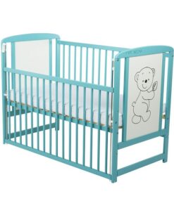 Patut din lemn bebe, 120x60 cm, Cu laterala culisanta, Din lemn de pin si mdf, Stabil si rezistent, Inaltime saltea reglabila pe 3 nivele, Laterala cu 3 bete detasabile, EN716-1, EN716-2, Mint, Babyneeds, Timmi