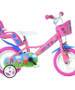Bicicleta cu pedale, Dino Bikes, Purcelusa Peppa, Cu roti ajutatoare, Cu cosulet frontal, Cu scaunel pentru papusa, 12 inch, Pana la 40 kg, 3 ani+, Multicolor