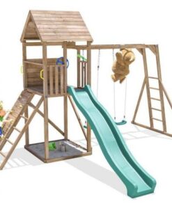 Complex de joaca FrontierFort Max cu Monkey Bars si 2 leagane, tobogan verde 2.9 m, Dunster House