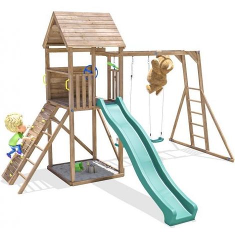 Complex de joaca FrontierFort Max cu Monkey Bars si 2 leagane, tobogan verde 2.9 m, Dunster House Complex de joaca FrontierFort Max cu Monkey Bars si 2 leagane, tobogan verde 2.9 m, Dunster House