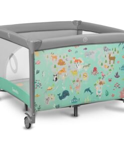 Tarc de joaca, Lionelo, Mille, Pliabil, Include covor educational incorporat cu 4 jucarii Velcro si geanta de transport, Cu roti si inchidere laterala, Saltea din spuma, 100x100 cm, Verde