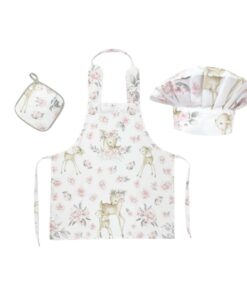 Set Micutul bucatar, MimiNu, Cu sort, o boneta si accesoriu pentru vase calde, Din bumbac certificat Oeko Tex Standard 100, Sweet Deer Pink