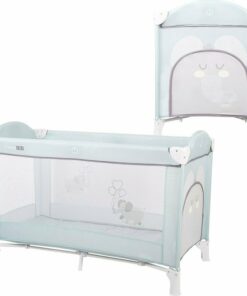 Patut pliant bebe, 120x60 cm, Cu un nivel, Cu intrare laterala cu fermoar, 2 roti, Conform cu standardul european de securitate EN 716-1:2017+AC:2019, Elephant Dusty Mint, FreeON, Ballon
