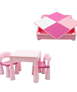 Set masuta si doua scaune, New Baby, Pentru copii, Pink, Cu parte detasabila si reversibila, Partea reversibila pentru Lego Duplo